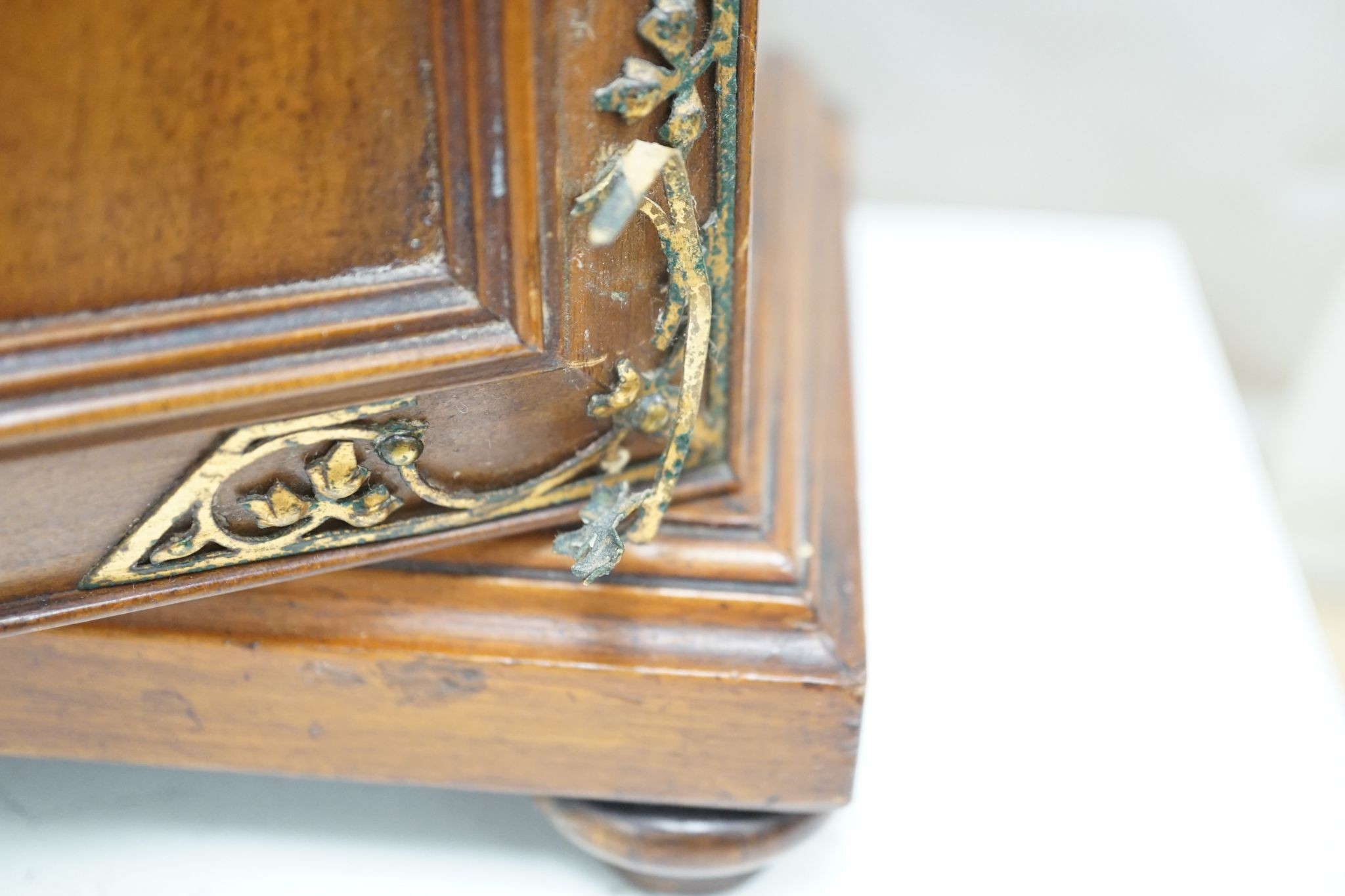 A late 19th century gilt metal mounted walnut games cabinet, W.40cm D.19cm H.49cm